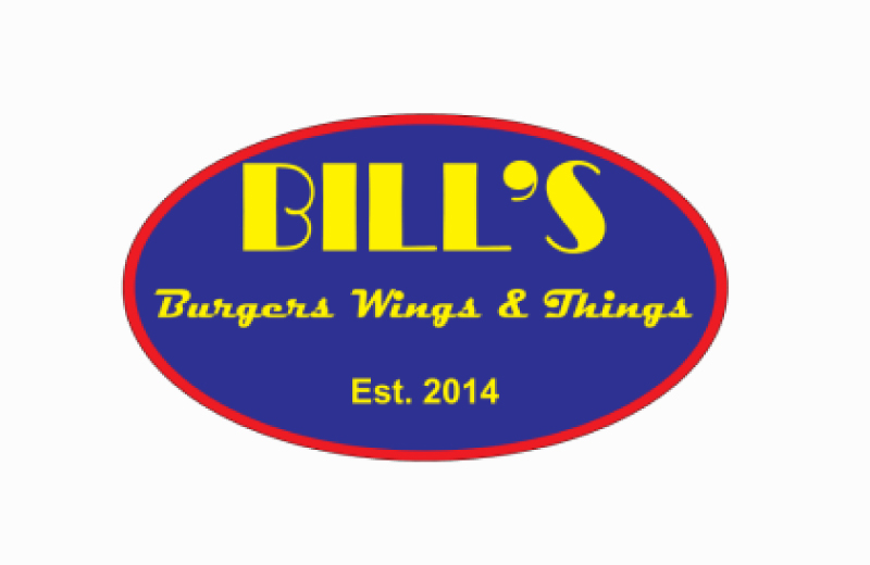 Logo for Bill's Burgers Wings & Things featuring yellow text on a blue oval background with a red border. “Est. 2014” appears at the bottom, highlighting their famous burgers and wings.