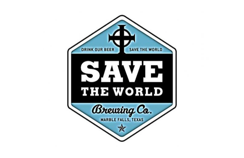 Hexagonal logo for Save the World Brewing Company. It features a cross in a circle at the top, “Drink Our Beer” and “Save The World,” and highlights its Marble Falls, Texas location. Colors are blue, black, and white—perfect for any craft beer fan.