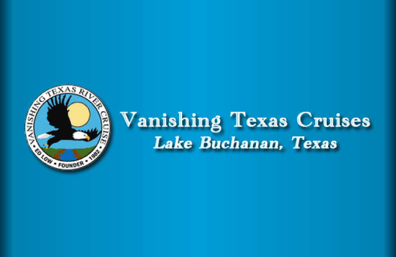 Logo for Vanishing Texas Cruises at Lake Buchanan, Texas, featuring a round emblem with a bird, water, and sun—evoking the spirit of a Texas river cruise—next to the business name and location on a blue gradient background.