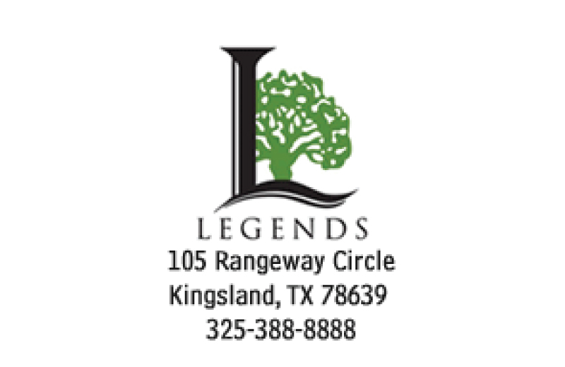 Logo for Legends in Kingsland, TX, near Lake LBJ, featuring a large black letter L with a green tree. Contact: 105 Rangeway Circle, Kingsland, TX 78639. Phone: 325-388-8888. Home of Legends Golf Course.