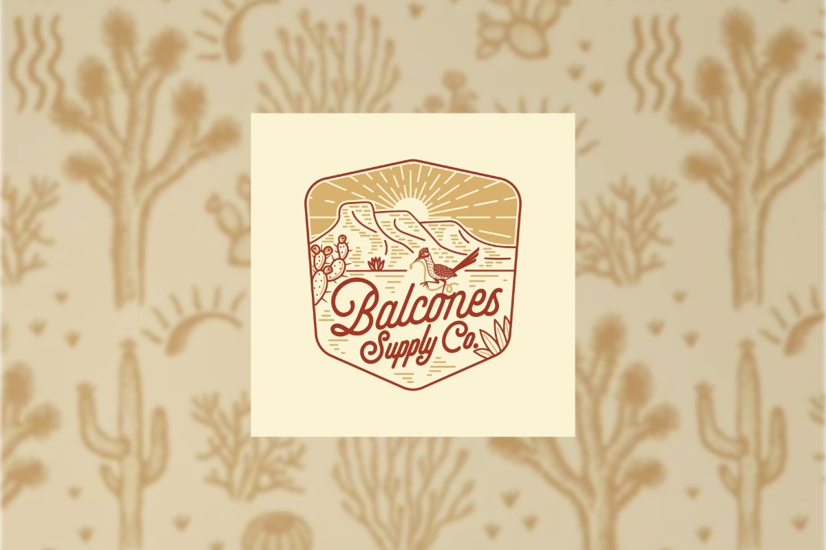 A logo for Balcones Supply Co. features a desert scene with mesas, cacti, and a bird in brown tones, reflecting their expertise in construction materials. The background displays a repeating pattern of desert plants and animals in matching colors.