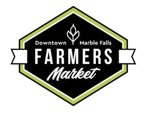 Logo for Downtown Marble Falls Farmers Market; features a green and black hexagon with a white leaf illustration and the words Downtown Marble Falls Farmers Market in bold and script fonts.