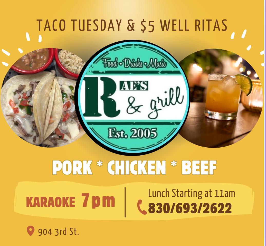 A promotional flyer for Raes Bar & Grill featuring tacos, a margarita, and text: Taco Tuesday & $5 Well Ritas. Details include karaoke at 7 pm, lunch at 11 am, pork, chicken, beef tacos, and the address and phone number.