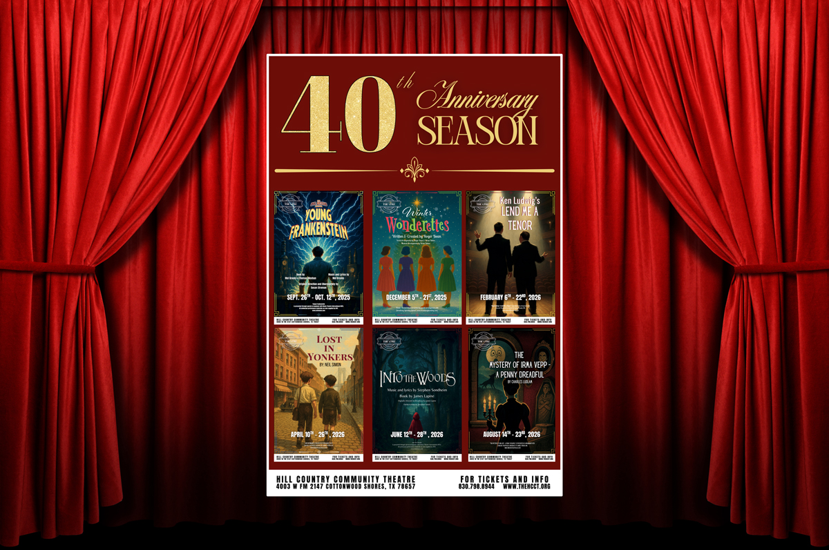 A red theater curtain opens to reveal a display announcing a 40th Anniversary Season with six theater show posters and details for the season at Hill Country Community Theatre.