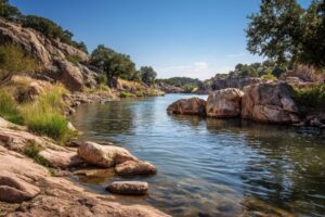 A serene river winds through rocky terrain, surrounded by large boulders, green trees, and grass under a clear blue sky on a sunny day.