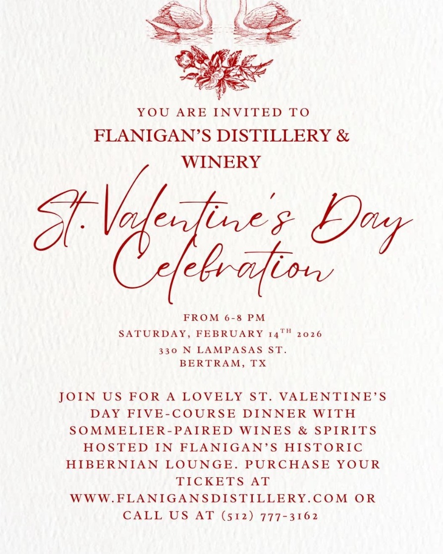 A Valentines Day dinner invitation from Flanigan’s Distillery & Winery, with elegant red script and an illustration of cherubs. Event is on February 14, 2026, featuring a five-course dinner with wine and spirits.