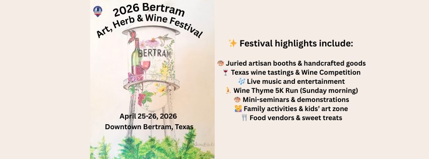 A promotional flyer for the 2026 Bertram Art, Herb & Wine Festival features a painted signpost with a wine bottle, glass, bird, and flowers. Festival highlights and dates appear beside the illustration.