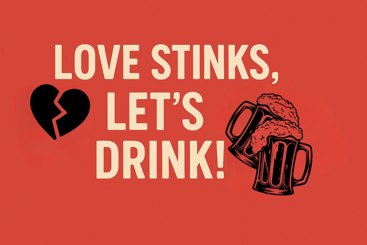 Red background with the text LOVE STINKS, LETS DRINK! next to a broken heart graphic and two overflowing beer mugs clinking together.