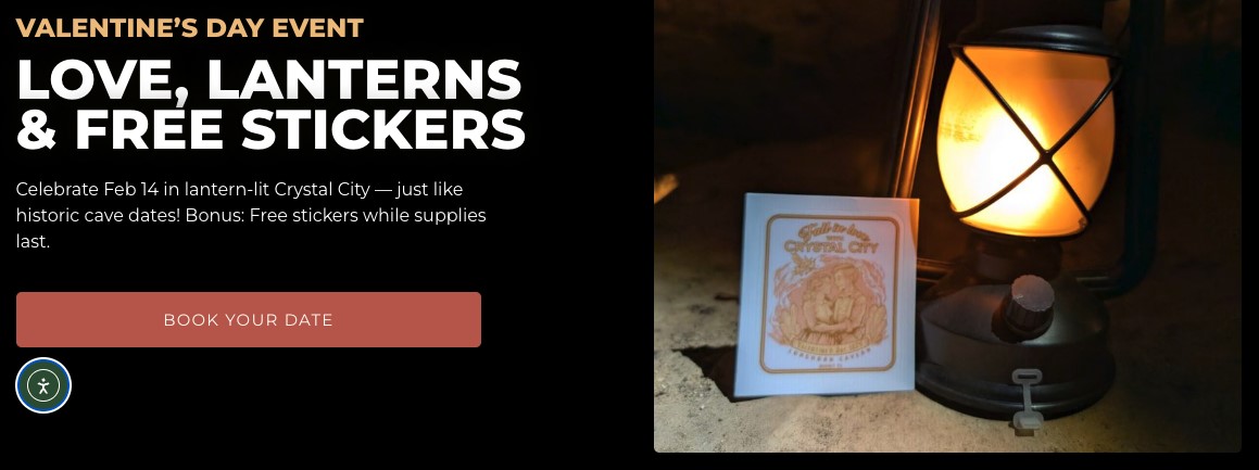 A glowing lantern sits next to a card with a Crystal City design and stickers on a stone surface. The left side features event details for a Valentines Day celebration with love, lanterns, and free stickers.