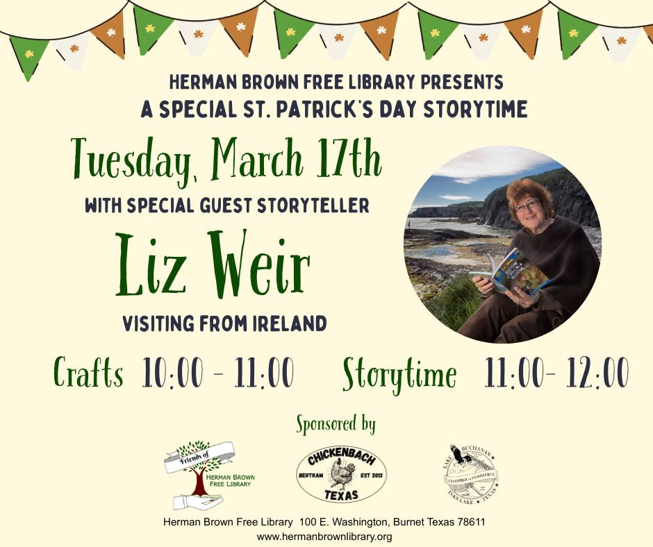 St. Patrick’s Day storytime event flyer featuring Liz Weir, with a photo of her holding books outdoors by the sea. Includes event details, craft and storytime hours, and sponsor logos on a green and gold festive design.