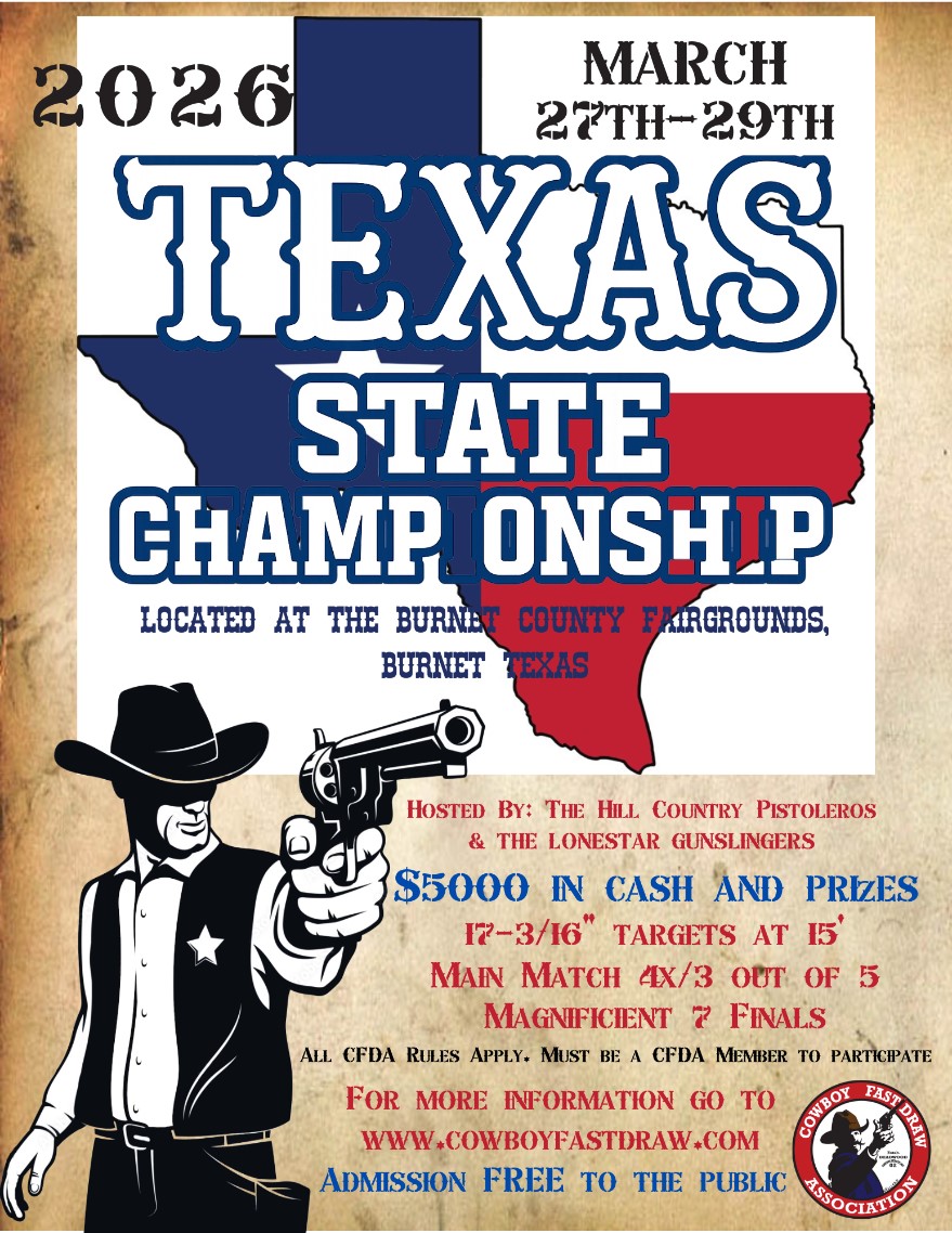 Poster for a 2026 Texas State Championship event, March 27-29, held at Burnet County Fairgrounds. Features a Texas map, prize details, event info, and logos. Western-themed design with large bold text.
