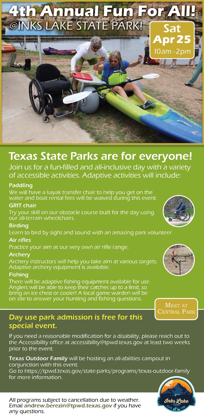 A flyer for the 4th Annual Fun For All event at Inks Lake State Park on Sat, Apr 25, 10am-2pm, featuring accessible activities, a kayaker with adaptive gear, and event info for people with disabilities.