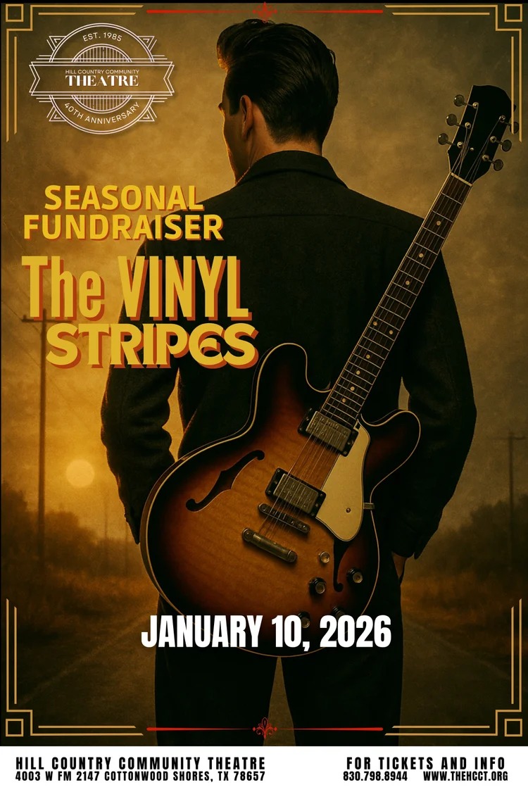 A man in a suit holding an electric guitar stands in front of golden lighting. Text reads: Seasonal Fundraiser The Vinyl Stripes January 10, 2026 with venue and ticket details at the bottom.