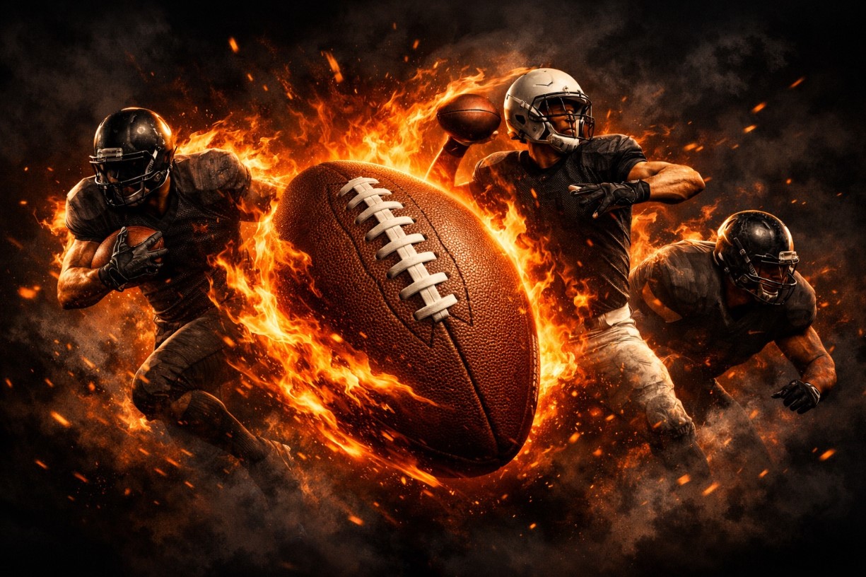 Three American football players in action surround a large football engulfed in fiery flames, set against a dark, smoky background, conveying intense energy and dynamic movement.