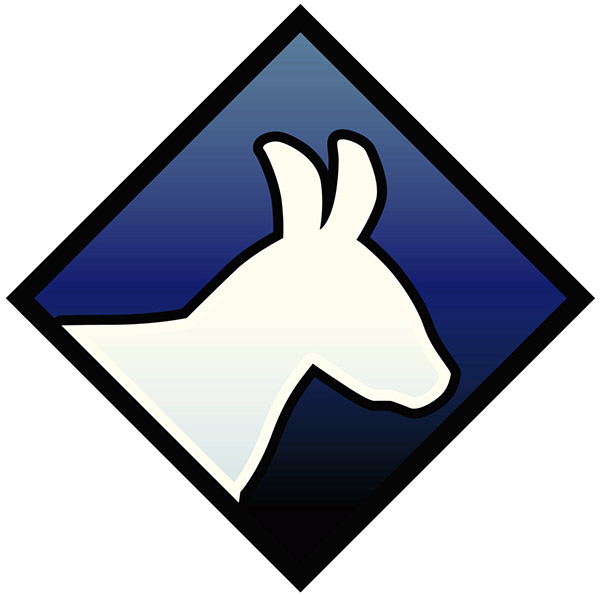 A white silhouette of a donkey’s head facing right, set against a blue gradient diamond-shaped background with a black border.