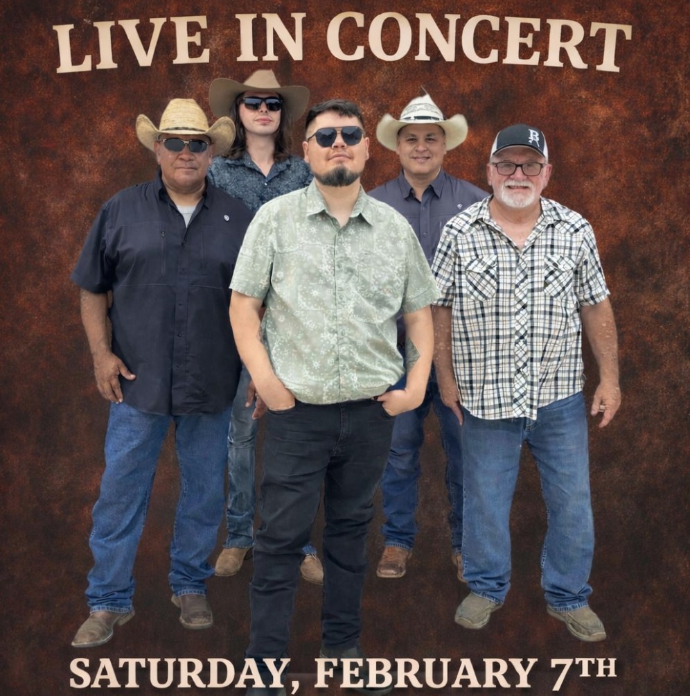 Five men in cowboy hats and casual shirts stand together, posing for a promotional photo. Text above reads Live in Concert and below says Saturday, February 7th on a brown textured background.