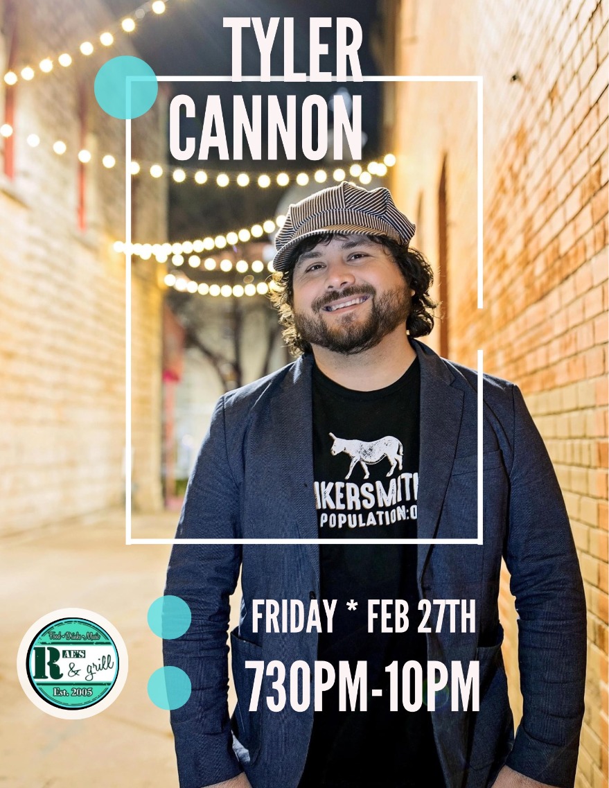 A smiling man with a beard and hat stands in a lighted alleyway. Text reads: Tyler Cannon. Friday * Feb 27th. 7:30PM-10PM. A green logo for RTs Bar & Grill is at the bottom left.