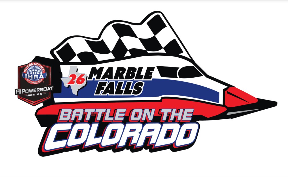 Logo for the IHRA F1 Powerboat Series featuring a racing boat with a checkered flag, the text 26 Marble Falls, and bold letters reading Battle on the Colorado.
