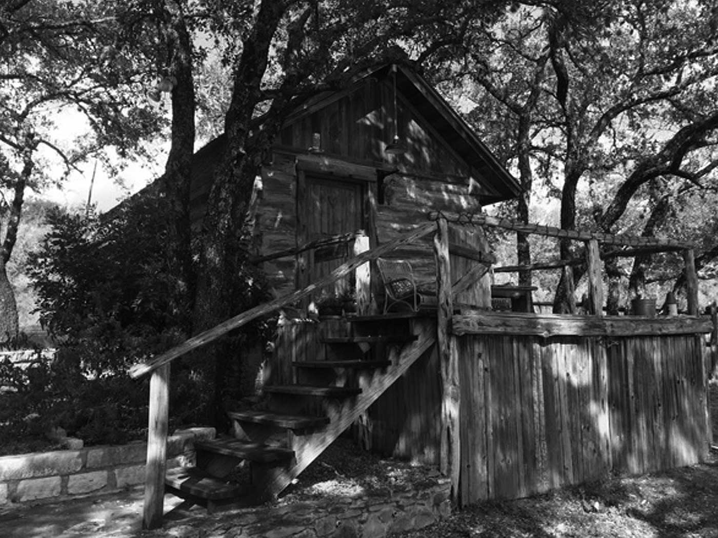 A rustic wooden cabin rental with a staircase leads to a small porch, surrounded by trees and dappled sunlight. The black and white scene evokes a vintage, peaceful atmosphere.
