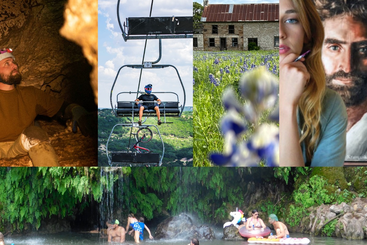 A collage with six scenes in Burnet County: a man exploring a cave, a boy on a ski lift with a bike, an old stone house in a field, bluebonnet flowers, a woman writing, and people swimming near a waterfall—each scene revealing unexpected finds.