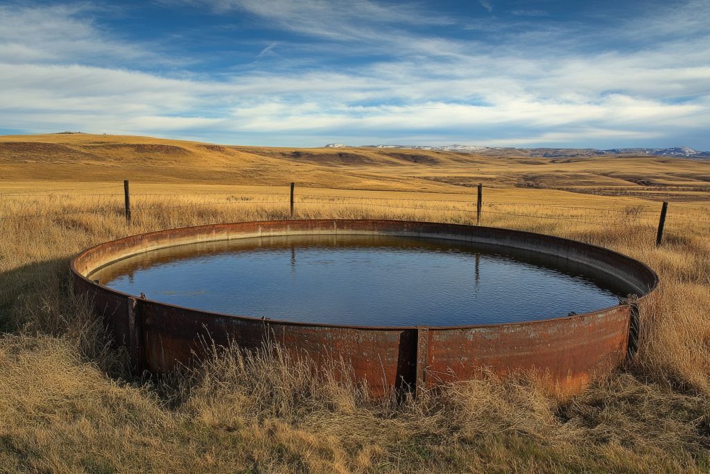 Large steel livestock stock tank filled with water in open ranch grassland Central Texas