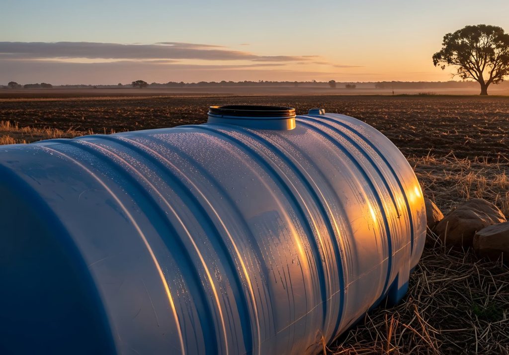 White horizontal polyethylene water storage tank on a dry rural Central Texas property at sunset
