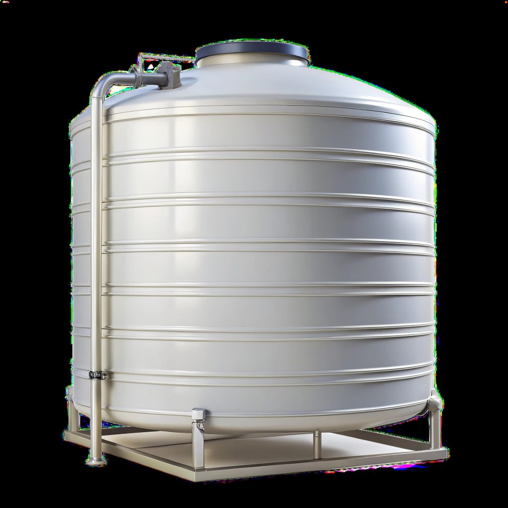 Commercial-grade stainless steel potable water storage tank with plumbing connections