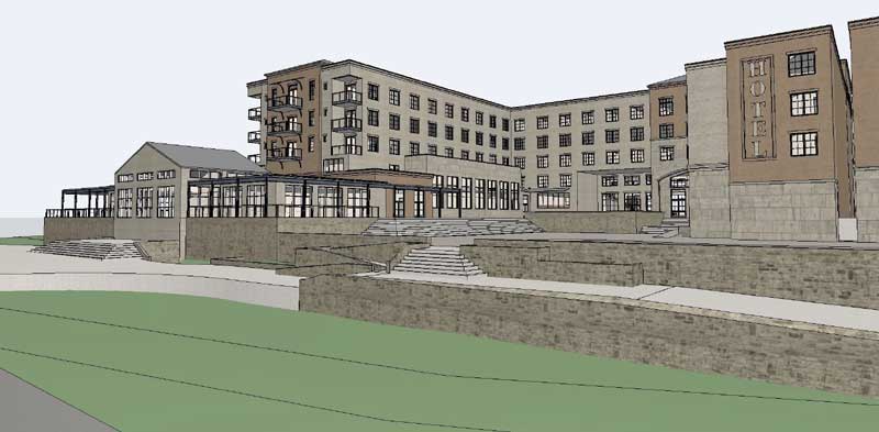 A rendering of a proposed hotel/conference center from Avenue H in Marble Falls. Illustration by Seaux Pierce Architecture