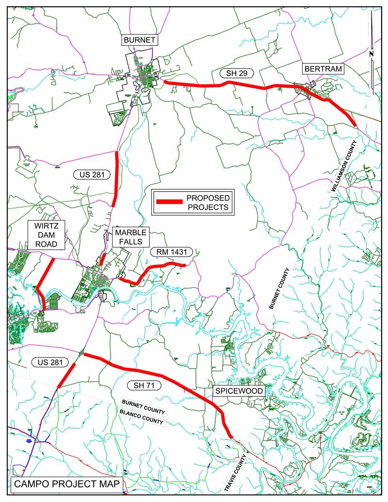 Burnet County has submitted a list of roadway projects, totaling more than $109 million and vying for federal tax money. Map courtesy of KC Engineering