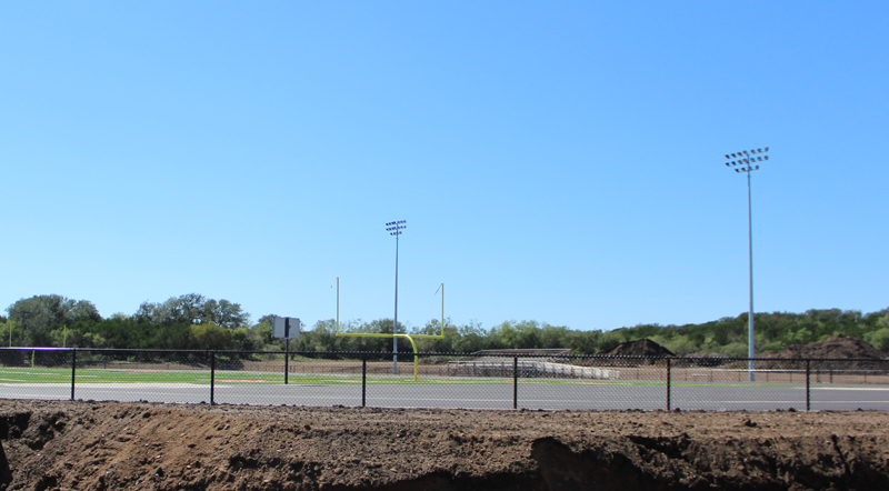 The new Faith Academy of Marble Falls football field. Hellas Construction employees continue to work on the track and the area leading to the facility. Staff photo by Jennifer Fierro