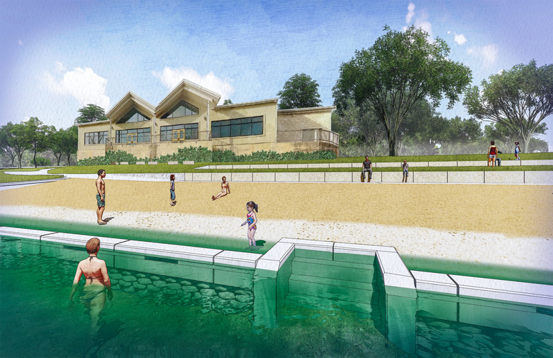 A concept rendering for a sandy beach along Lake Marble Falls at Lakeside Park shows the proposed proximity to Lakeside Pavilion. The Marble Falls City Council on Dec. 4 awarded a contract to Myers Concrete Construction to build the beach as part of Project Phase 1A. Shallow water inside the lake wall will let beachgoers splash in the water inside. The project also will somewhat affect the layout of the Walkway of Lights but is not causing the popular Christmas event to go away. Rendering courtesy of the City of Marble Falls